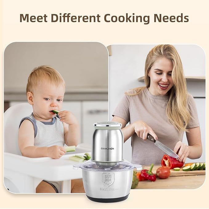 Silver Food Processor,500W Electric Meat Grinder with 8 Cup Stainless Steel Bowl and 4 Sharp Blades, Food Chopper & Vegetable Chopper for home use,Meat Processor, Vegetables, Fruits and Nuts