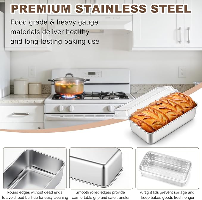 TeamFar Loaf Pans for Baking Bread, 9 x 5 Inch Stainless Steel Bread Loaf Pan with Lid, Meatloaf Pan Tin for Homemade Bread, Brownies, Meal Prep, Storage, Healthy & Dishwasher Safe - Set of 2