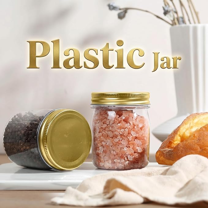 novelinks 8 oz Clear Plastic Jars with Airtight Lids, 32 Pack Plastic Mason Jars with Lids 8oz, Refillable Storage Slime Containers & Small Spice Jar for Kitchen Organization (32 Pack,Gold)