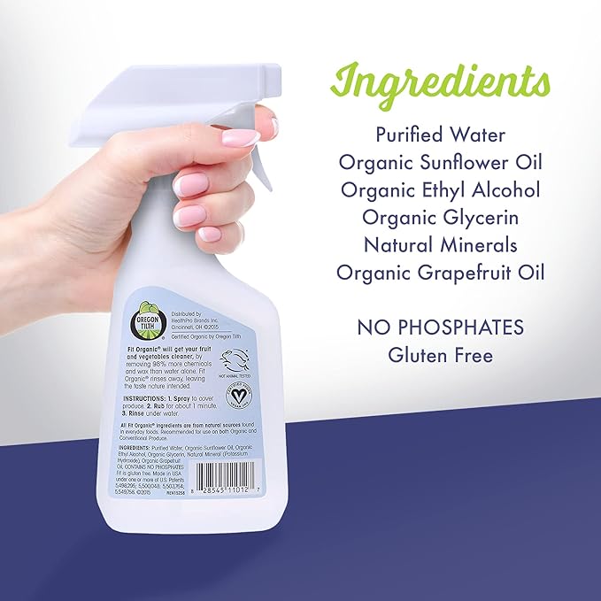 FIT Organic Fruit and Vegetable Wash Spray – USDA Certified Organic & Kosher – Tasteless, Odorless, Removes Surface Contaminants – Family & Pet Safe, Chemical-Free, 12 Fl Oz (4-Pack)
