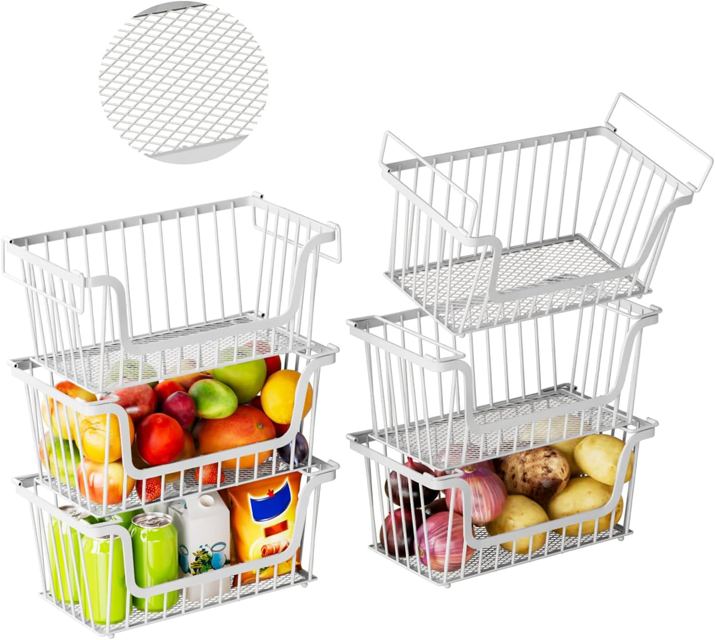 Enhanced Leak-Proof Bottom Stackable Wire Baskets, 6 Pack Pantry Organizers and Storage, pantry storage，Shelf Baskets, Fruit Basket, Potato and Onion Storage Bins，(White)