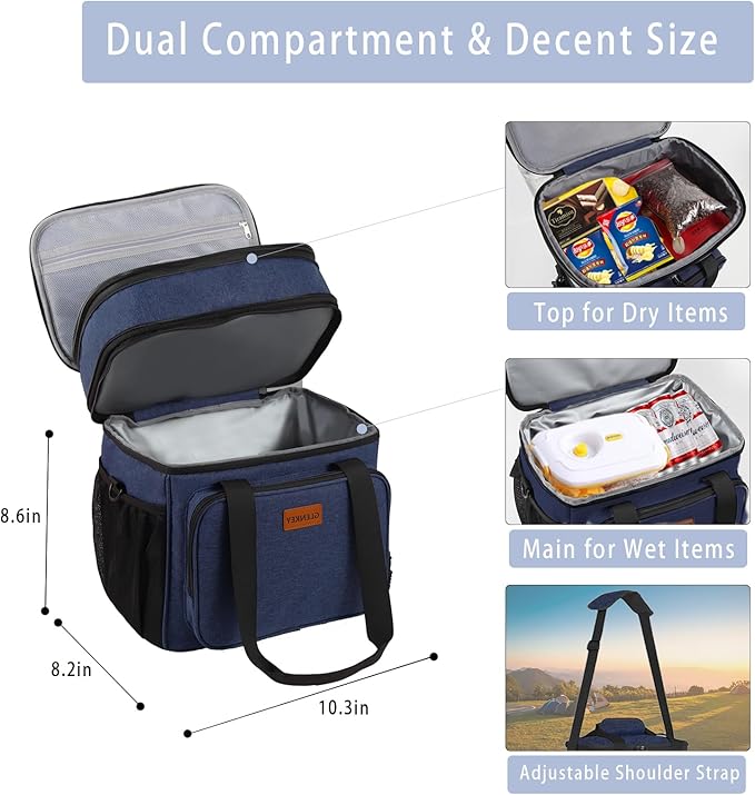 Expandable Large Lunch Box, Insulated Heavy Duty Lunch Bag Waterproof Leakproof Durable Cooler Bag for Men Women Adults Work Construction Camping Trip, 16L, Blue, GLENKEY