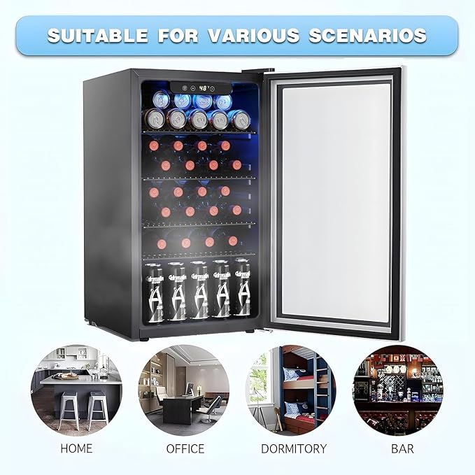 Antarctic Star 26 Bottle 130 Can Wine Cooler/Cabinet Refrigerator Mini Wine Cellar Beer Soda Clear Glass Door Bar Fridge Quiet Compressor Adjust Temp Freestanding Indoor Use 3.1cu.ft Black