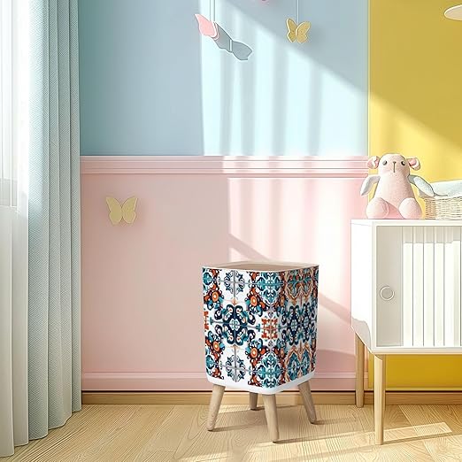 Small Trash Can with Lid Talavera pattern Indian patchwork Azulejos portugal ornament Moroccan Wastebasket with Press Cover Dog Proof Garbage Can Waste Bin for Kitchen Bathroom Nursery 2.6 Gallon