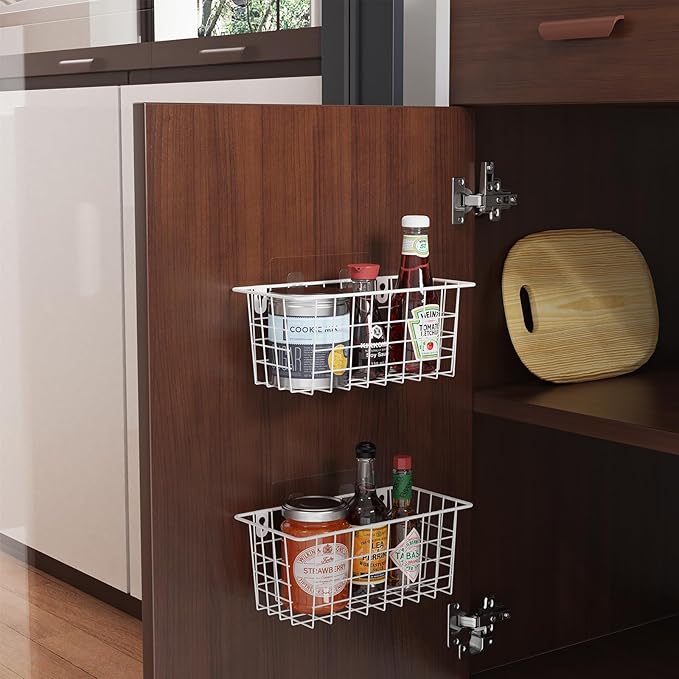 MaraFansie Hanging Kitchen Baskets Wire Storage Basket Adhesive and Screws Basket Over the Cabinet Door Organizer with Adhesive Strips and Screws Accessories, 2 Installations, 2 Pack, White