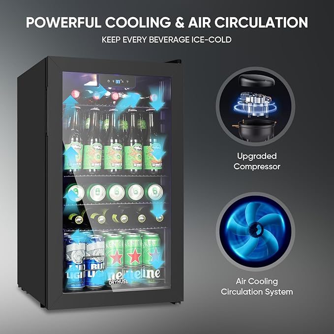 ORYMUSE 3.2 Cu.Ft Beverage Refrigerator, 130 Can Mini Fridge with Glass Door & Digital Temperature Control, Compressor Cooling Freestanding Cooler for Soda, Beer, Wine, Home, Office & Bar - Black