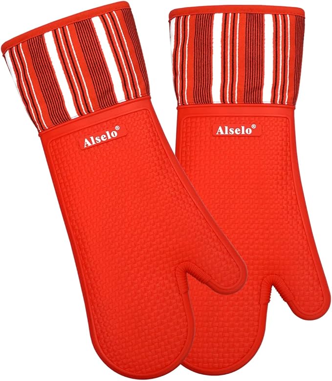 Alselo Silicone Oven Mitts Heat Resistant 550 Degree, Extra Long Kitchen Mittens with Non-Slip and Waterproof Pot Holders for Baking Cooking Barbecue Microwave Machine Washable(Extra Long red, 2)