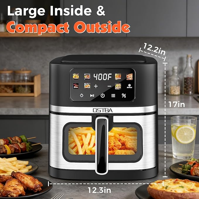 OSTBA 8.5QT Large Air Fryer with Visible Window, 1700W Single Basket Air Fryer, Clear View Nonstick Basket, Digital Touchscreen, 8 Presets, Auto Shutoff, Dishwasher Safe