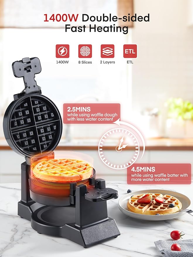 Waffle Maker, 1400W Double Belgian Waffle Iron 180° Flip, 8 Slices in 3 Mins, Rotating & Nonstick Plates, Anti-Scald, Removable Drip Tray Easy to Clean, Cool Touch Handle, Space-Saving Storage(Black)