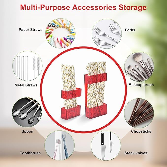 2 PACK Acrylic Straw Holder for Cabinet Doors, Reusable Straw Organizer with Ultra-Sticky Adhesive, Small Kitchen Accessories Container, Fits Both Short & Long Straws (Red)