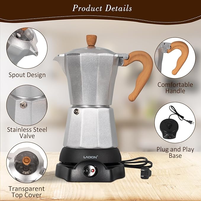 LAOION Cafeteras Electricas Modernas,6 Cup Portable Espresso Maker,300ml Moka Pot with Detachable Base & Overheat Protection, Great for Home，Office, or Travel, a Thoughtful Gift for Coffee Lovers