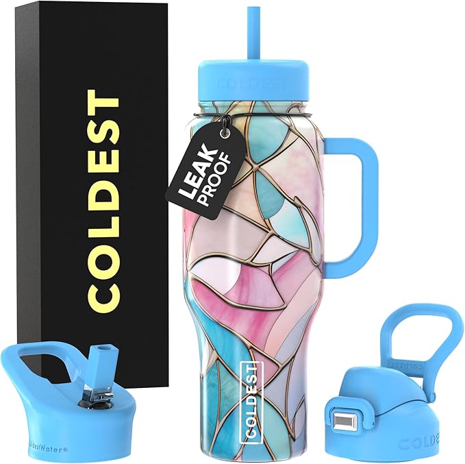 Coldest Tumbler with Handle and Straw - 100% Leak Proof Insulated Tumbler with Lid and Straw (3 Lids) - Stainless Steel Tumblers for Women & Men - Cup Holder Friendly Base, 36 oz (Astroflora)