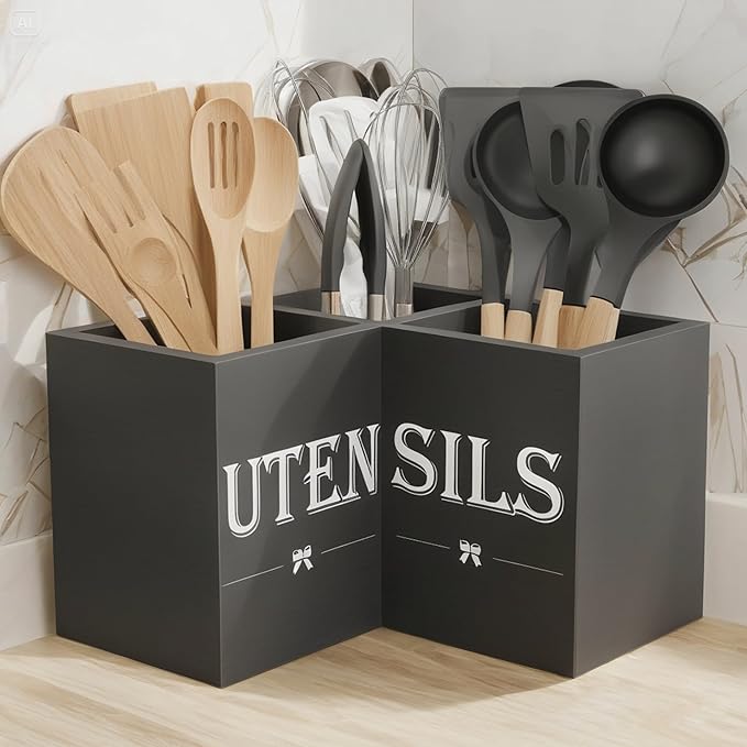 Suli Extra Large Kitchen Utensils Holder with 3 Compartments,Corner Utensil Caddy for Countertop,Wooden Utensil Organizer for Kitchen Countertop, Farmhouse Decor- Black