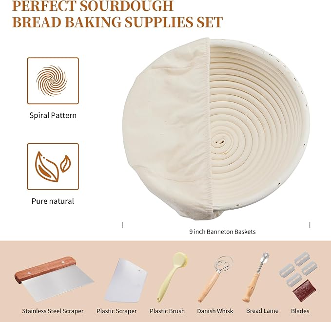 Dimpola Banneton Bread Proofing Basket Banneton Basket Set Sourdough Proofing Basket Round Proofing Bowls Handmade Rattan Baskets and Liners (Round 9 inch Baking Set)