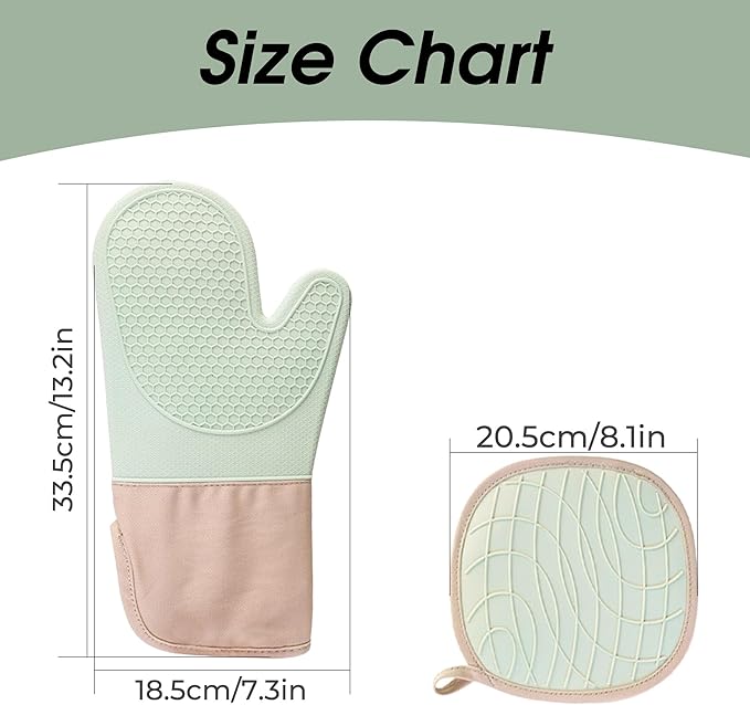 Silicone Oven Mitts and Pot Holders 4-Piece Set, Heat Resistant Kitchen Mitts with Soft Quilted Cotton Lining, Non-Slip Honeycomb Texture Oven Gloves for Baking, Grilling, BBQ, Mint Green