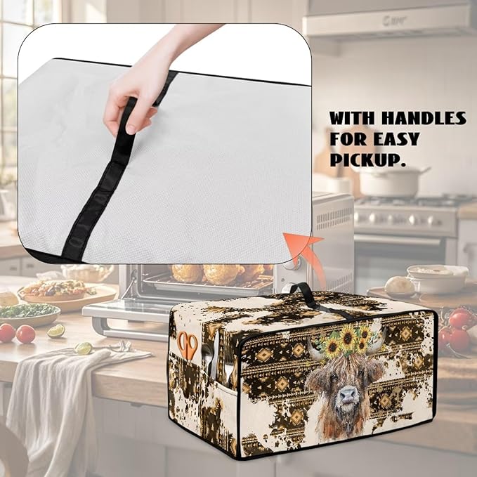 Convection Toaster Oven Cover with Pockets, Easy to Clean, Smart Microwave Baking Oven Dust Cover for Countertop, L, Aztec Highland Cow Sunflower Tribal Pattern