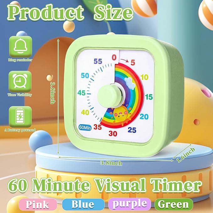 AmazingSpark 4 Pack Visual Timer 60 Minute Countdown Timer Colored Countdown Clock for Homeschool Supplies Study Tool, Classroom Home Office Time Management Tool(Rainbow,Purple, Blue, Pink, Green)
