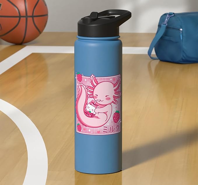 Kawaii Axolotl Strawberry Milk Shake Carton Japanese Anime Stainless Steel Insulated Water Bottle