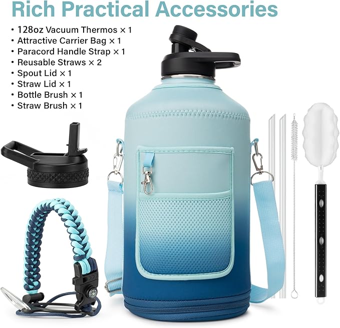 DYSANKY 1 Gallon Water Bottle Insulated | Thickened Stainless Steel Vacuum Metal Water Jug | Portable Sports Large for Gym and Hiking with Straw, Carrier Bag, Handle Strap | BPA-Free 128 oz