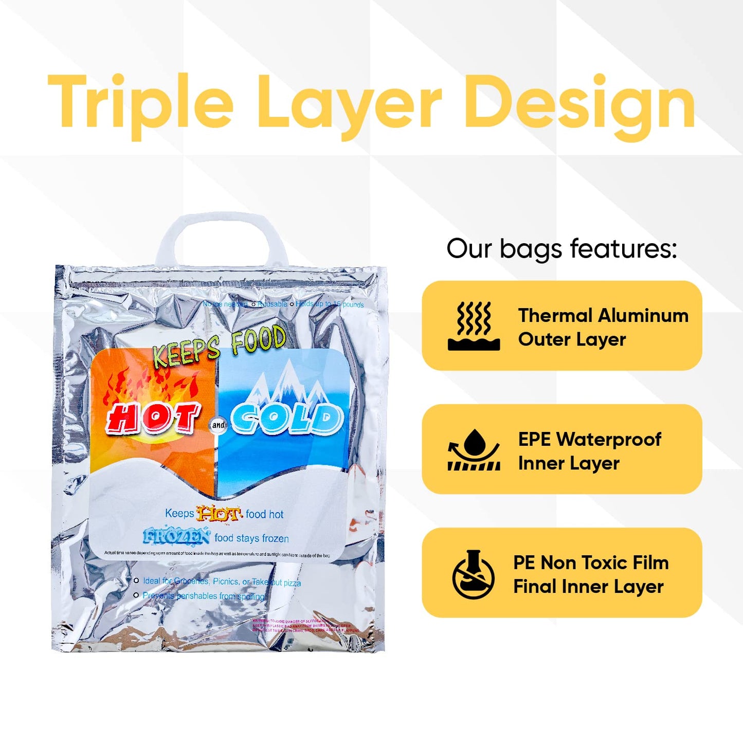 Superio Hot and Cold Insulated Bags for Food Delivery, Grocery Shopping Bags, Food Storage for Hot and Frozen Food for Travel, Disposable Cooler Bag, Reinforced Thermal Lunch Bag (5, 15.5"x13")