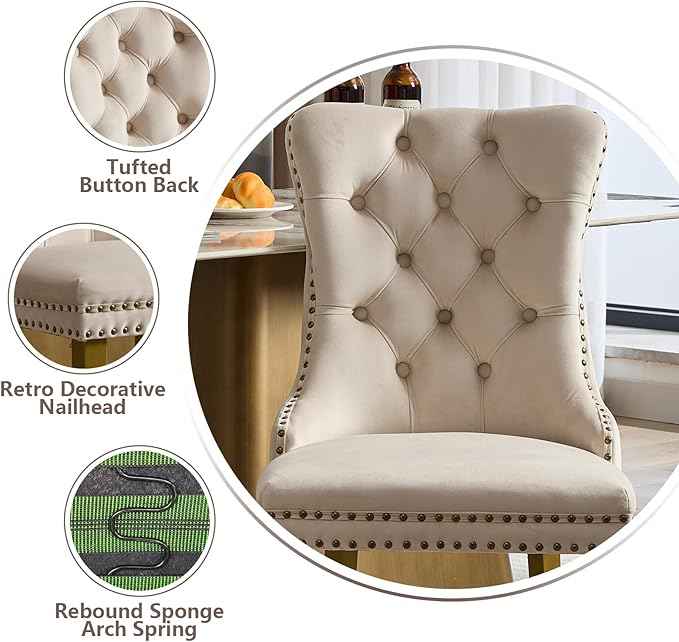 Velvet Dining Chairs Set of 2, Modern Tufted Dining Room Chair, Upholstered Dining Chairs with Lion Head Pulls Ring and Golden Solid Wood Legs, Luxury Kitchen Chairs for Dining Room, Beige