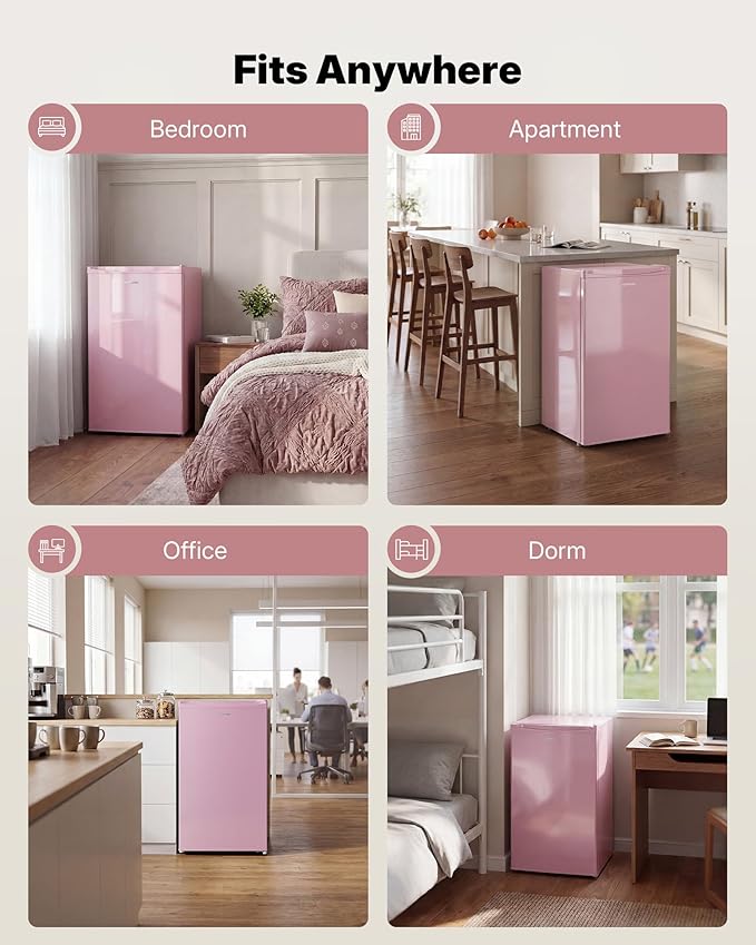 Upstreman 3.2 Cu.Ft Mini Fridge with Freezer, Single Door Compact Refrigerator, Adjustable Thermostat, Small Refrigerator for Dorm, Bedroom, Office, Pink-BR321
