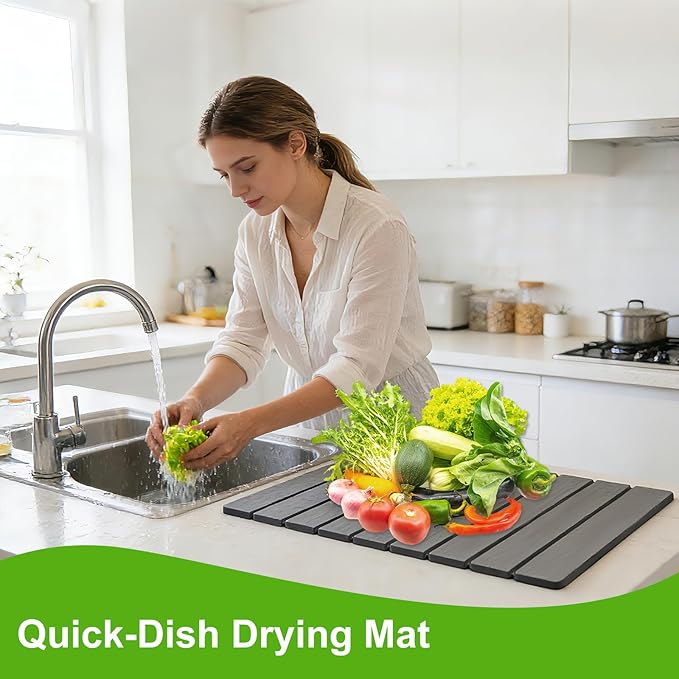 Stone Drying Mat for Kitchen Counter, Large Dark Gray Foldable Diatomaceous Earth Dish Drying Mat, Quick-Dry Absorbent Bath & Countertop Mat for Dishes Bottles Cups（23.6"x15.4"）