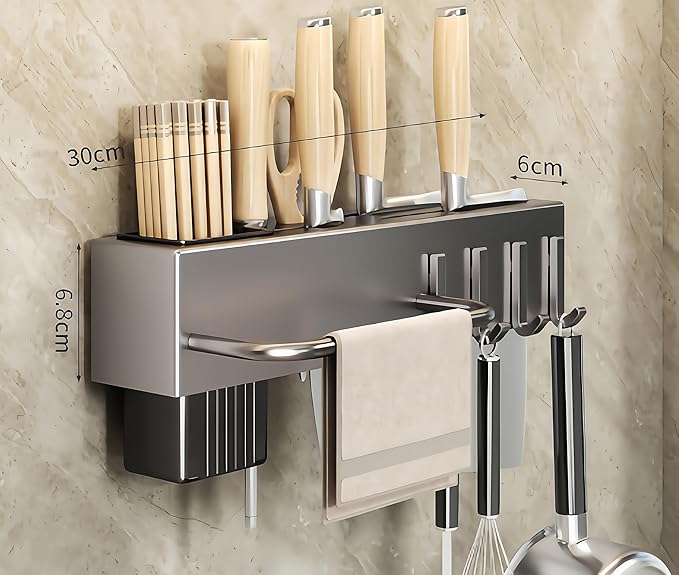 SEIDO Carbon Steel Utensil Rack – Space-Saving 12" L Kitchen Organizer with hooks & hanging bar, Gunmetal Gray Knife Holder, 2 Installation Options (Adhesive/Screwed)