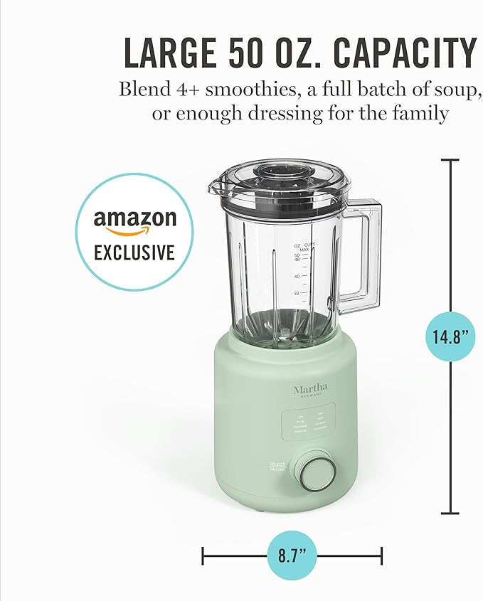 Martha Stewart 50oz Countertop Blender, Smoothie, Margarita & Ice Crushing Blender, BPA-Free Pitcher, 3 Speeds, 5 Presets, Auto-Clean Function, Dishwasher Safe, Stainless Steel Blades, Honeydew Green
