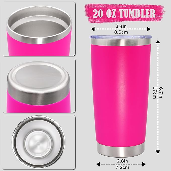 20 oz Tumbler Coffee Travel Tumblers Bulk with Lid Stainless Steel Double Wall Vacuum Insulated Mug Powder Coated Cups fit Car Cupholder for Hot and Cold - Hot Pink, 12Pack