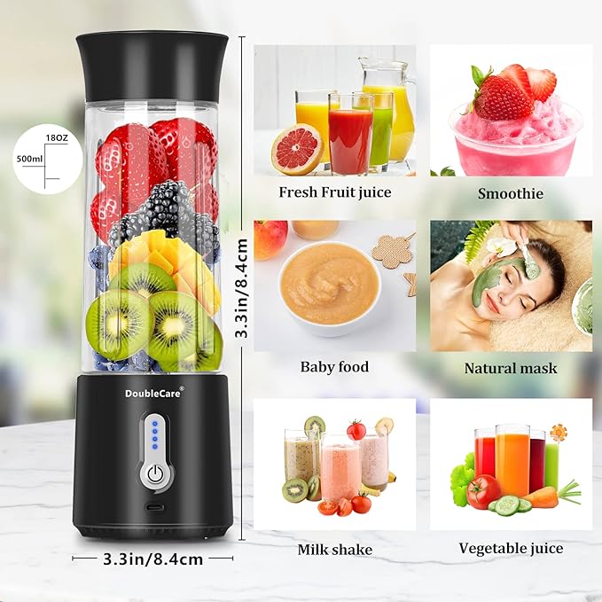 Portable Blender for Shakes and Smoothies,500ml Electric Juicer, 4000mAh Smoothie Blender with BPA-Free Material, USB Rechargeable Fresh Juice Blender for Travel, Gym, Outdoors, and Home, Black