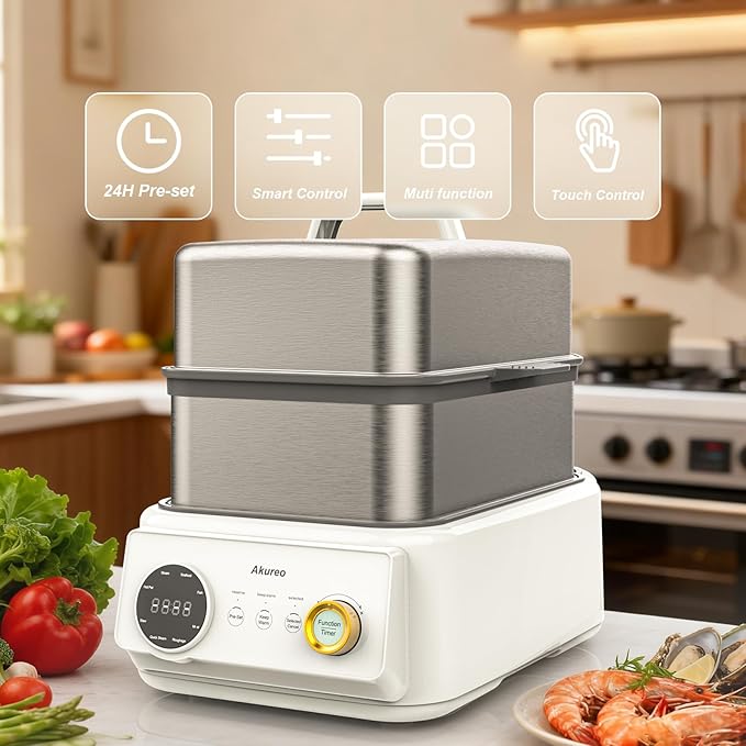 10L steamer + 4.5L cooking pot, electric food steamer for 4–6 servings, vegetable steaming, 8-hour keep warm function, dry-boil protection, 304 stainless steel material.