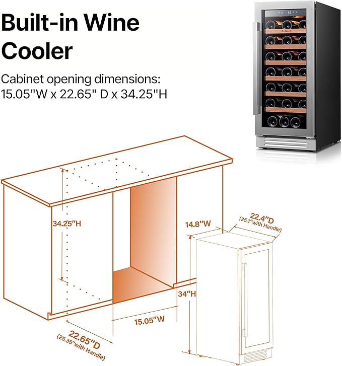 Ca'Lefort 15 Inch Wine Fridge, 33 Bottle Wine Cooler Refrigerator, 40-65°F Wine Refrigerator Glass Door, 3 LED Wine Fridge, Built-in or Freestanding Fridge for Home/Bar/Kitchen (3.0 cu.ft)