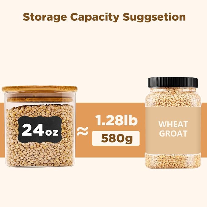 SHOWIN Glass Food Storage Jars Square 24oz, 4 Pack Glass Jars With Bamboo Lids, Kitchen Storage Containers For Spice, Candy, Cookie, Storage For Pantry Organizers