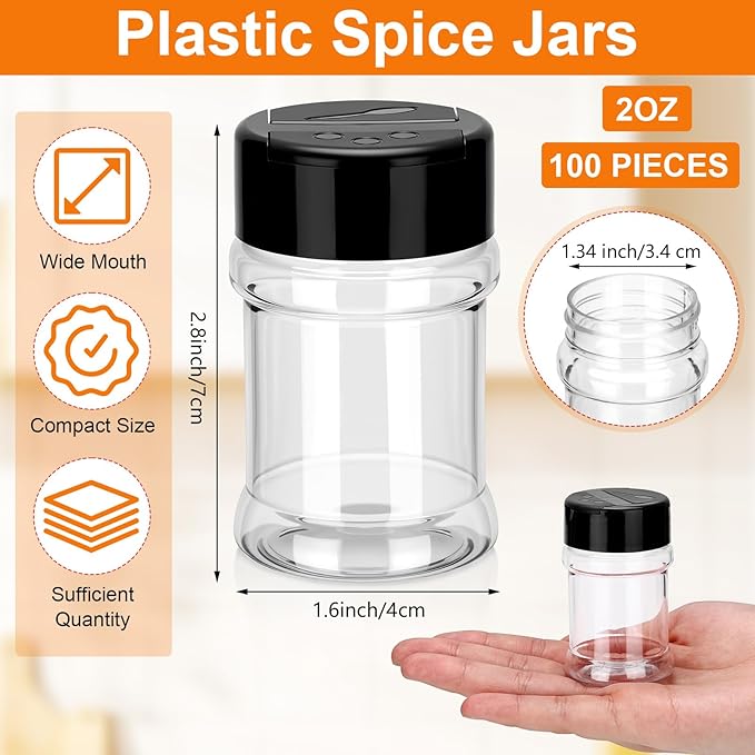 100 Pcs Plastic Spice Jars with 2 Sides Flip Cap Clear 2 Oz Seasoning Containers Empty Spice Bottles Small Seasoning Jars with Shaker Lid for Kitchen Storage Herbs and Powders (Black Cap)