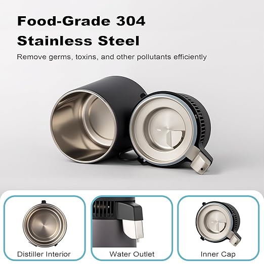 ROVSUN 1.1 Gallon/4L Water Distiller for Home Countertop, Stainless Steel Interior & BPA-Free Container, 750W Distilled Water Machine Water Maker Purifier, Distilling Pure Water Maker, 1L/H, Gray
