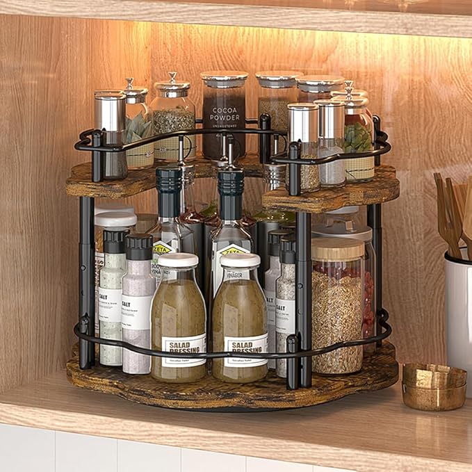 12" Wood Lazy Susan Rotating Spice Rack Spice Turntable Organizer for Kitchen Countertop Pantry and Cabinet Cupboard (A Style, 2 Tier)