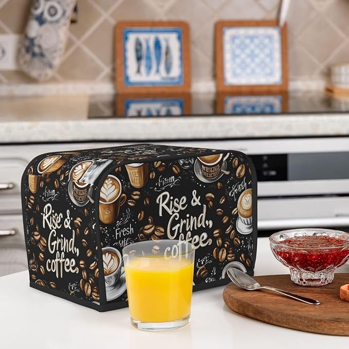 Coffee Theme Toaster Cover 2 Slice, Cute Country Bread Machine Cover, Washable Toaster Kitchen Small Appliance Cover Stain Resistant,with Top Handle
