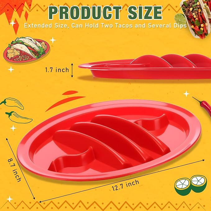 30 Pack Taco Plates Holders with Dividers 3 Color Plastic Taco Trays with 4 Dipping Areas Cinco De Mayo Tacos Night Party Supplies, Stand up Divider for 2 Tacos Tuesday Mexican Party