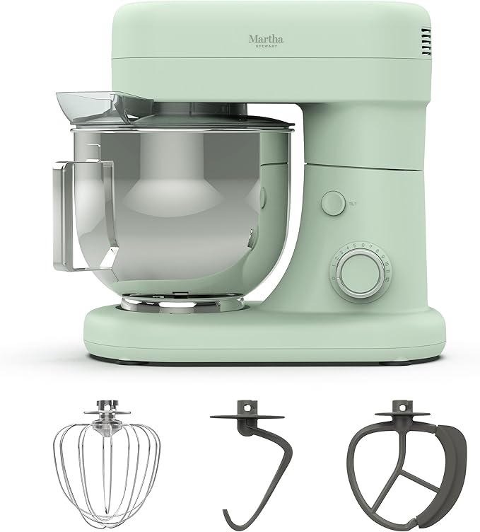 Martha Stewart  Tilt-Head Stand Mixer, 12 Speed, 5.3QT Stainless Steel Bowl, Splash Guard with Pour Chute, Whisk, Dough Hook, Flat Beater, Electric Kitchen Baking Mixer, Bread, Cake, Whip, Honeydew