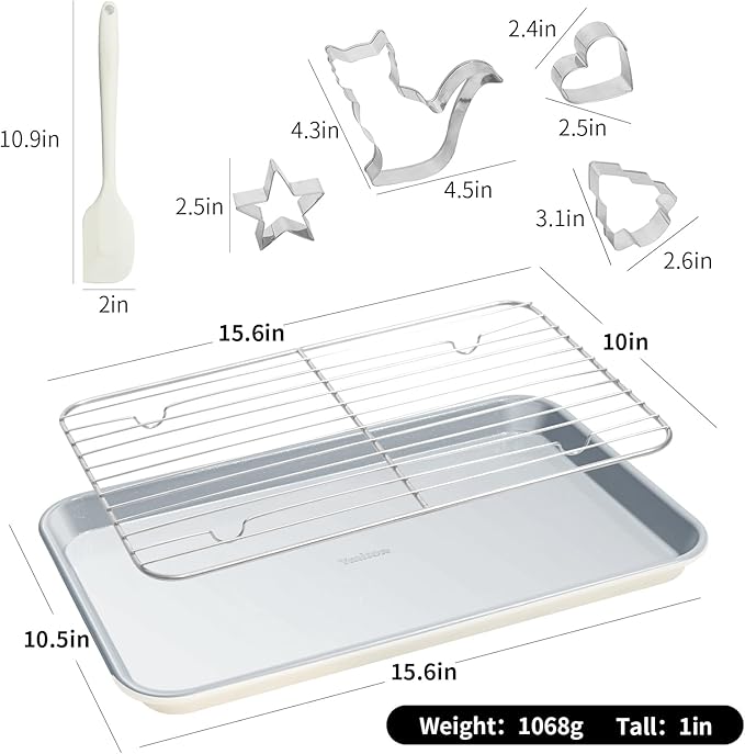 7PCS Ceramic-Coated Baking Sheet Set - 10x15in Jelly Roll Pan Non-Stick Cookie Sheet with Wire Rack, Silicone Spatula & 4 Cookie Cutters, PFAS Free, Oven Safe (550°F), Sunshine Cream