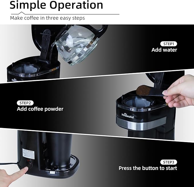 Coffee Machine,Single Serve Coffee Maker,One Cup Coffee Maker with Reusable Filter&One-touch Control Button,Portable Brewer for Camping,Travel&Home,Easy To Clean& Store,15oz/450ml,Black