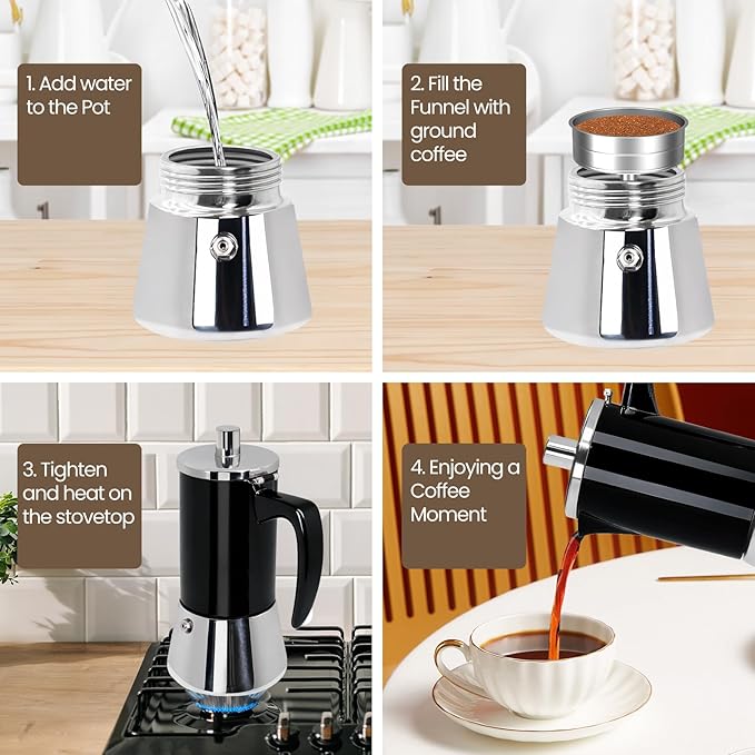12 Cup Thickened Moka Pot 304 Stainless Steel 600ml Italian Espresso Coffee Maker Stovetop CoffeeMakers Mocha Pot Percolator for Induction Stove Classic Cafe Makers Portable for Easy Brewing