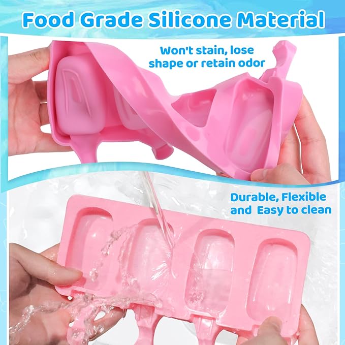 SAYAYA 4 Set Silicone Popsicle Molds with 200 Sticks, Reusable 4 Cavities Homemade Cake Pop & Cakesicle Mold for DIY Ice Cream, Ice Pop, Easy Release & Dishwasher Safe for Kids Family (Pink)