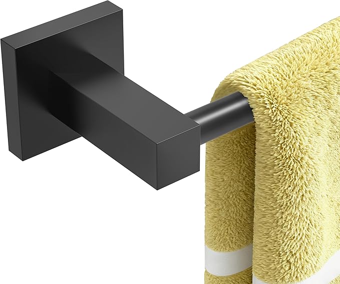 Ruacq Hand Towel Holder Towel Ring Black Center to Center 10inch Towel Bars Square Matte Black Bathroom Stainless Steel and Zinc Alloy Modern Wall Mounted Total Length 12 inch