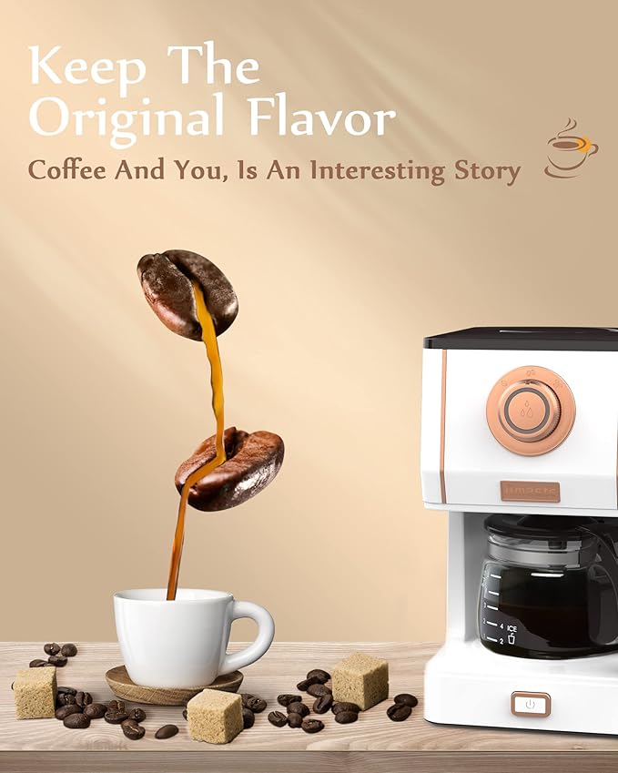 Amaste Retro Style Coffee Machine with 25 Oz Glass Coffee Pot, Reusable Coffee Filter & Three Brewing Modes, Warming Plate, Elegant White with Rose Gold