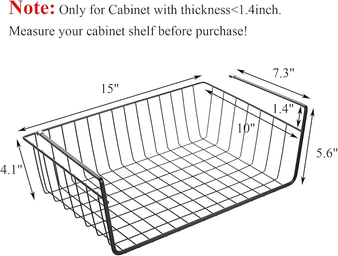 Tebery 4 Pack Black Under Shelf Wire Basket, Hanging Storage Baskets Under Cabinet Add-on Storage Racks, Slide-in Baskets Organizer for Kitchen Pantry Desk Bookshelf