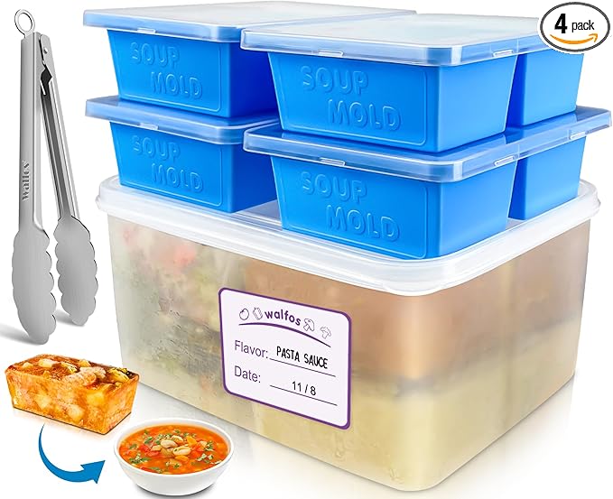 Walfos 1 Cup Silicone Freezer Tray with Lid,Soup Freezer Molds 4 Packs,Bin and Tongs,BPA Free Silicone Freezing Container,Perfect For Storing and Freezing Soup,Broth,Sauce,with 12 Removable Labels