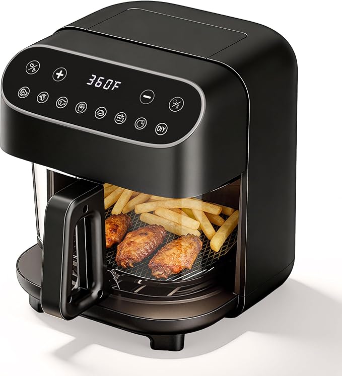 5 Quart Glass Air Fryer, Non Toxic & Uncoated High Borosilicate Glass Basket, Airfryer with Transparent Fry Bowl, 8 Preset Modes, PTFE/PFAS Free, BPA-Free, Dishwasher Safe, Black