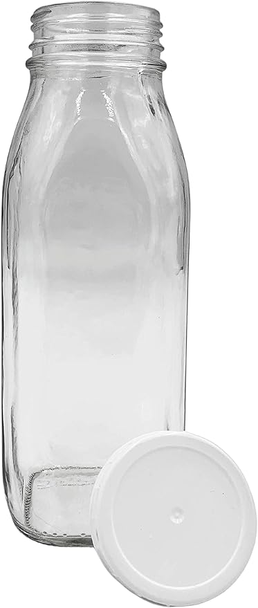 The Dairy Shoppe Glass Milk Bottle, Heavy Glass with Extra Lid, Creamery Style (1, Threaded Pint)